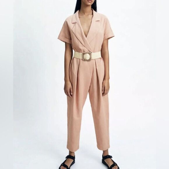 Zara Pants - Zara Romper Women’s size Large pink NWT belted linen romper travel summer